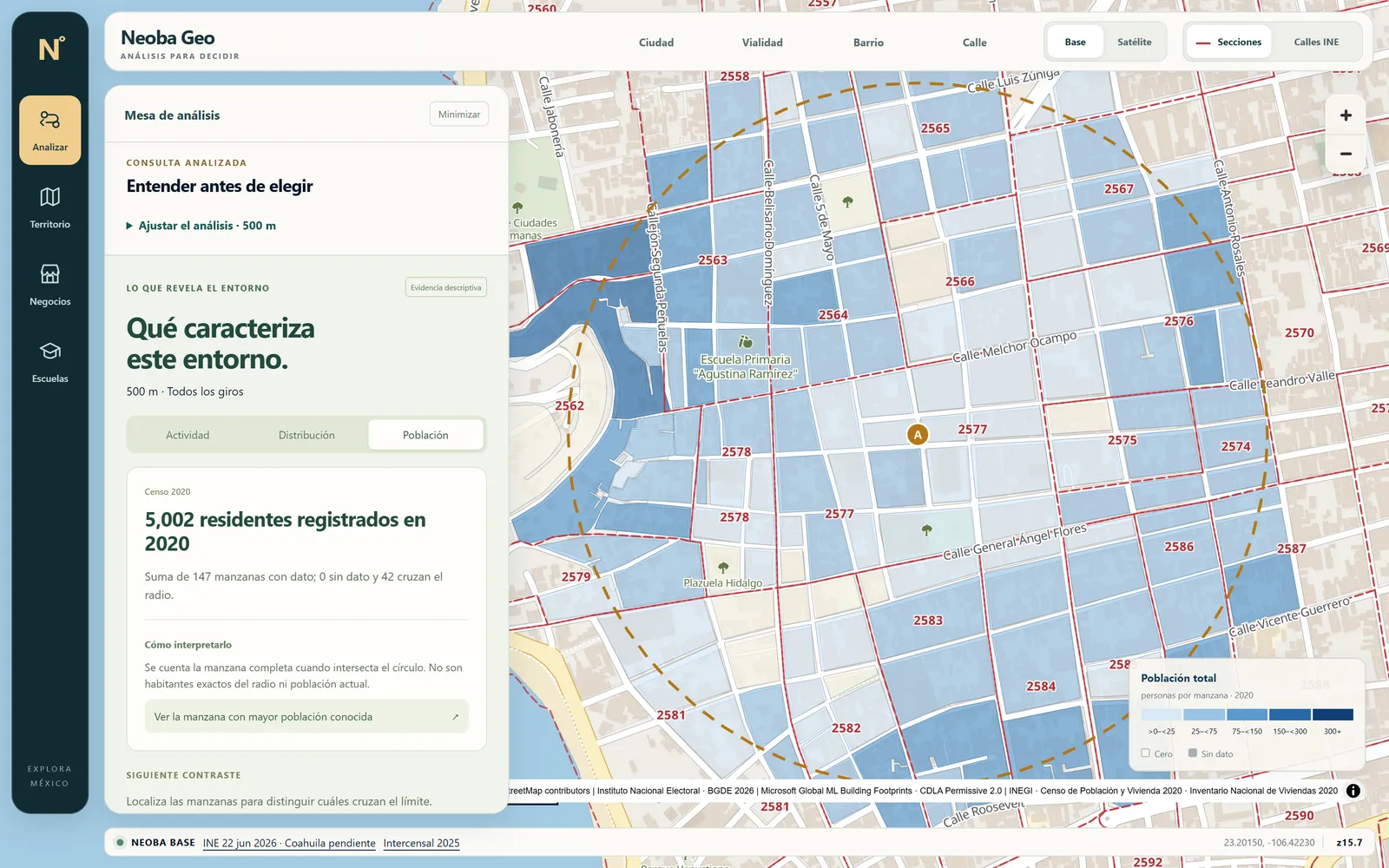 Neoba Geo: población por manzana y secciones electorales en el centro de Mazatlán