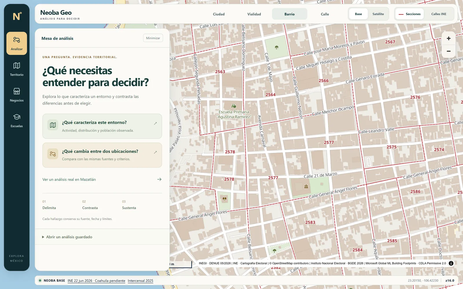 Neoba Geo: secciones electorales del INE sobre las calles del centro de Mazatlán