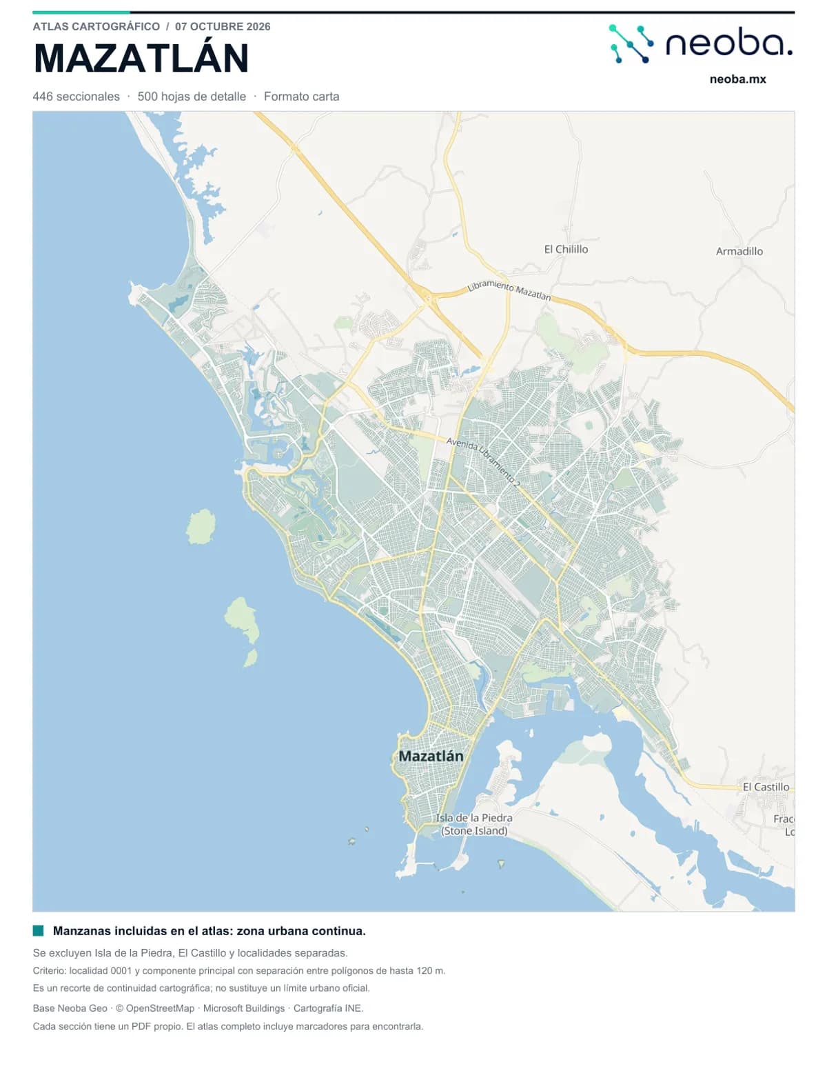 Portada del atlas urbano de Mazatlán: mapa de cobertura con 446 secciones y 500 hojas