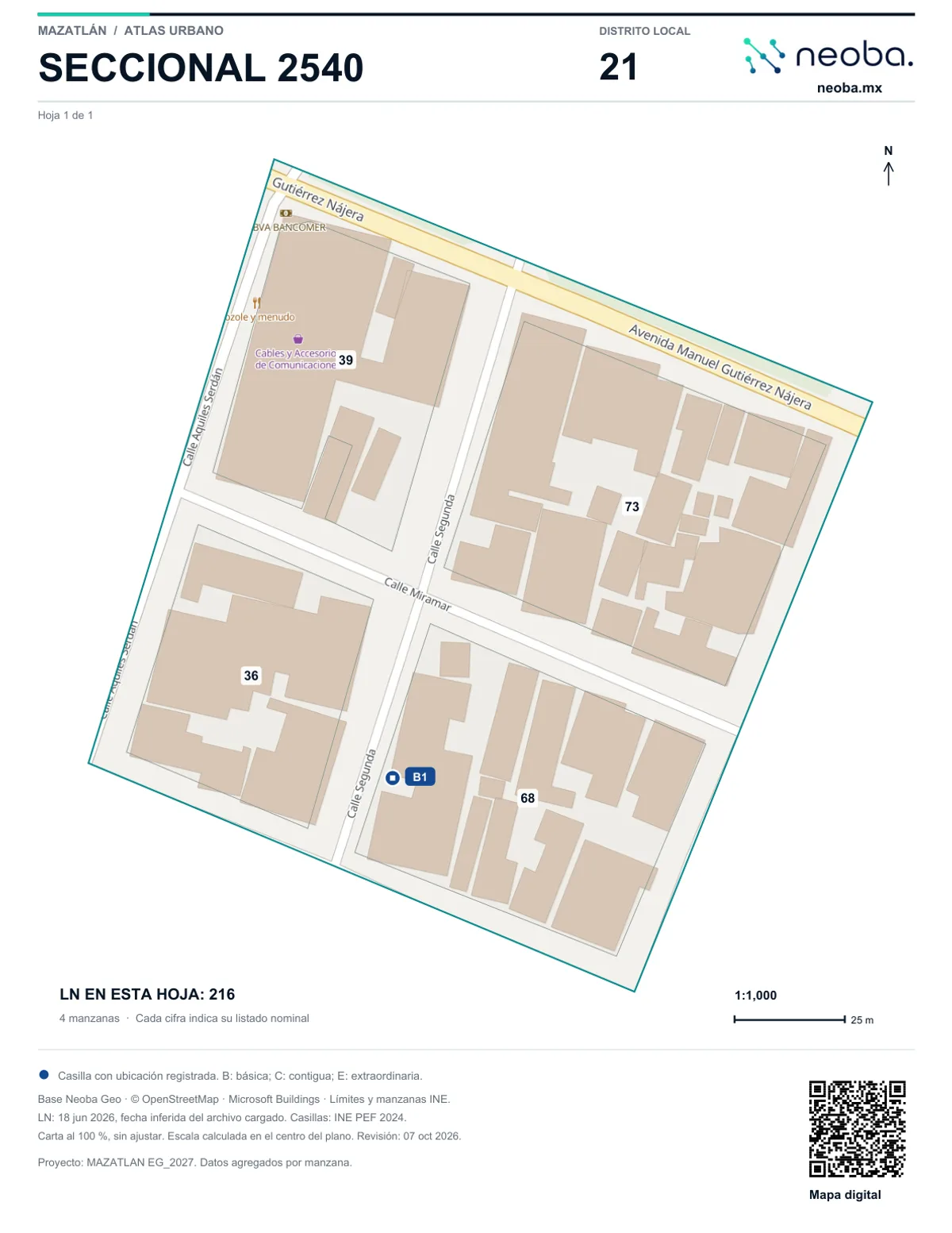 Hoja seccional 2540 del atlas urbano de Mazatlán: límite de la sección, lista nominal por manzana, casilla y QR al mapa digital